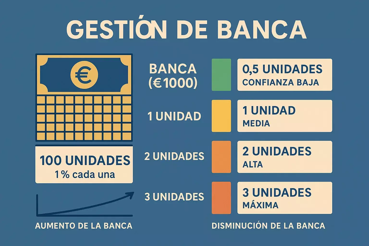 Sistema de unidades para gestión de bankroll mostrando división 1% por unidad con ajuste dinámico y escalado según confianza