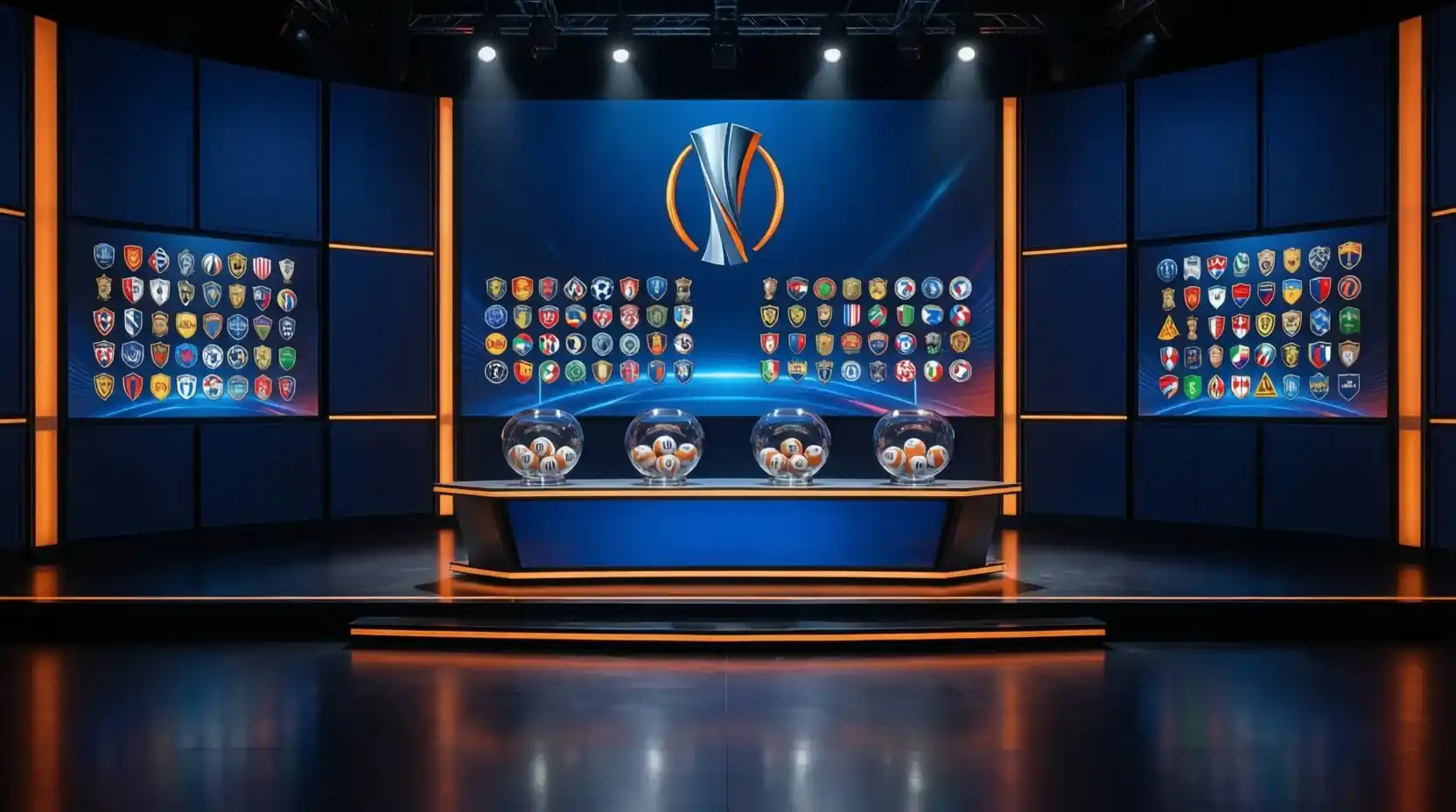 Sala de sorteo UEFA con pantallas mostrando los cuatro bombos de equipos