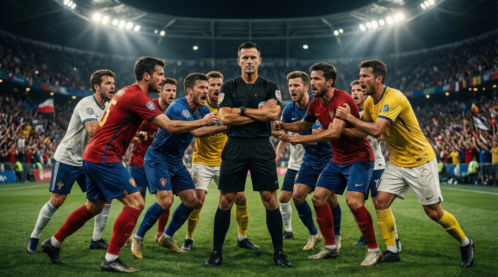 Jugadores rodeando al árbitro tras una falta polémica en partido europeo