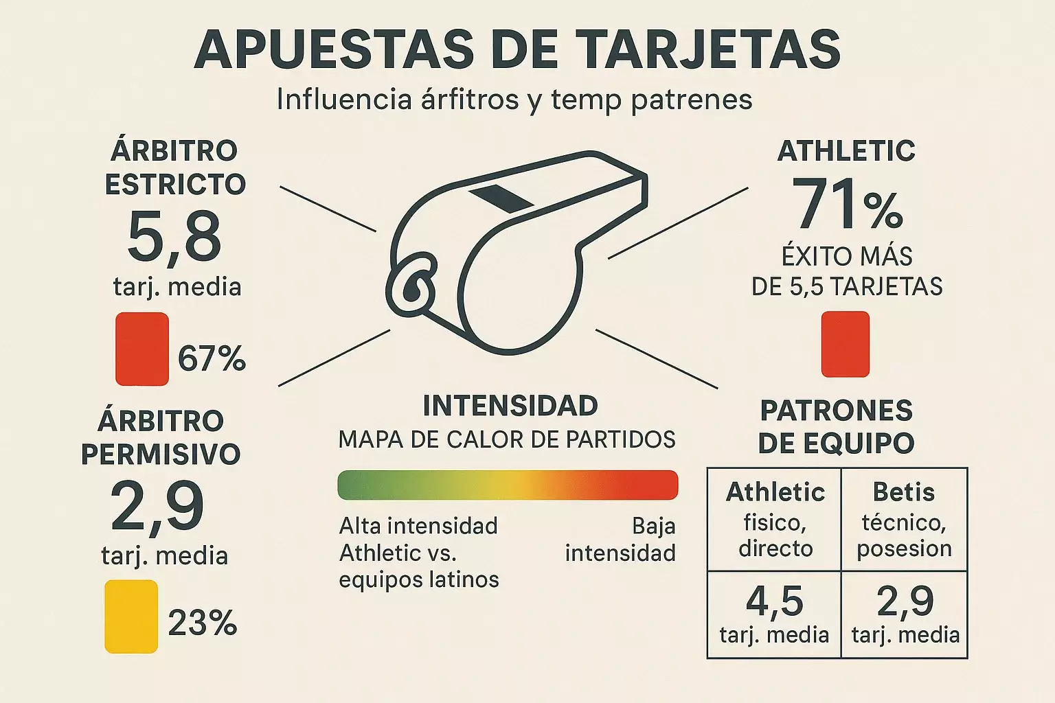 Tarjetas apuestas Athletic Bilbao árbitros estrictos 5.8 promedio vs permisivos 2.9 con ROI 11.3% mercado más rentable intensidad partidos