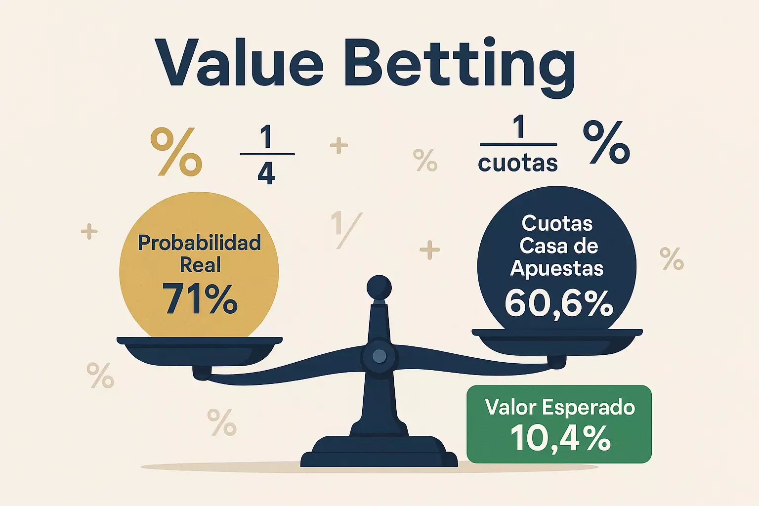 Concepto de value betting mostrando probabilidades reales vs cuotas de casas de apuestas con ventaja del apostador