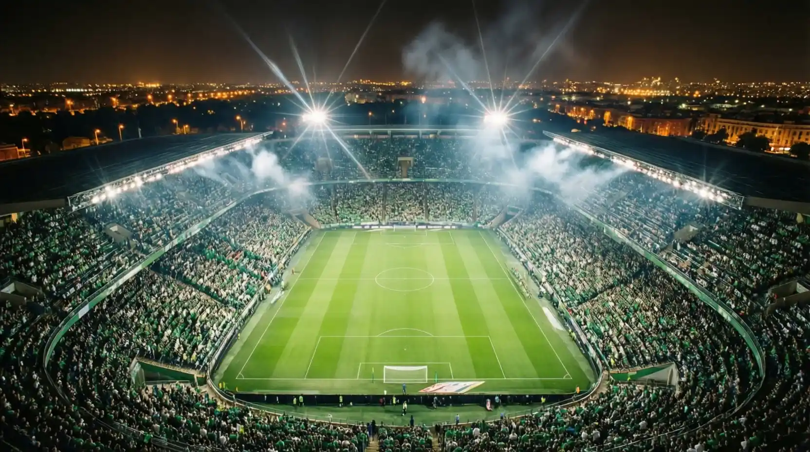 Vista panorámica del Benito Villamarín durante partido nocturno con ambiente espectacular